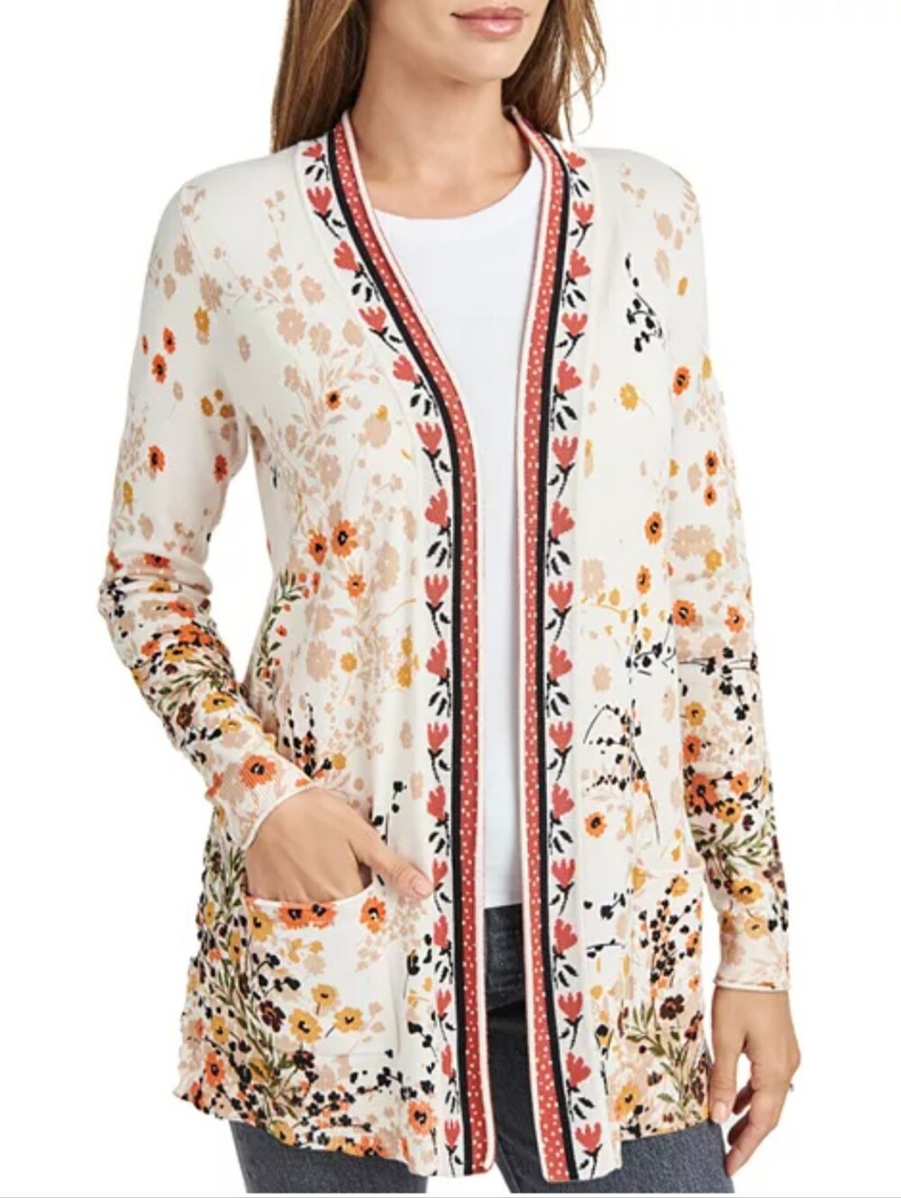 Daniel Rainn Cream Floral Open-Front Cardigan with Orange Trim